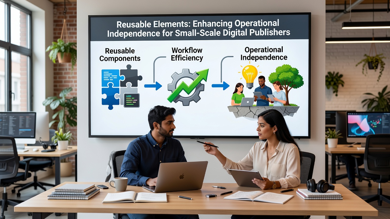 Illustration of connected modular publishing components enabling independent site operations